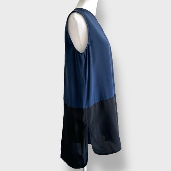 VINCE Tunic Blouse Womens Medium Navy Blue Black 100% Silk Colorblock Sleeveless - Picture 3 of 12